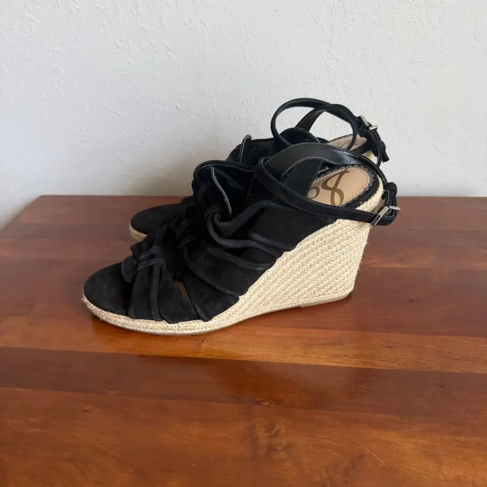 Sam Edelman Awan Black Suede Leather Espadrille Wedge Strappy Sandal Womens 8